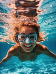 Naklejka premium Underwater view with female swimmer wearing goggles and enjoying the ocean.