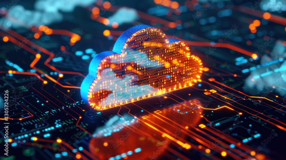 Poster digital cloud technology with glowing circuits and data connections