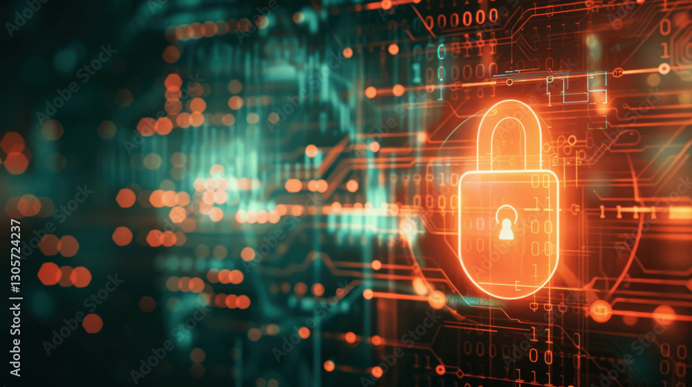 Poster digital lock symbol on circuit board background, representing cybersecurity and data protection. glo