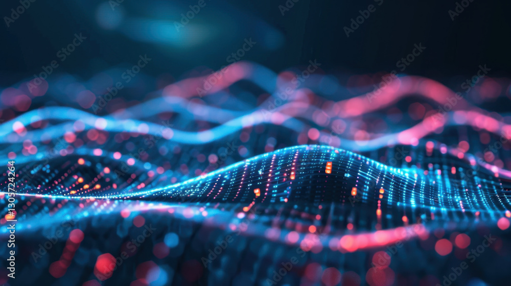 Poster digital waves with glowing particles create mesmerizing visual effect, showcasing vibrant colors lik
