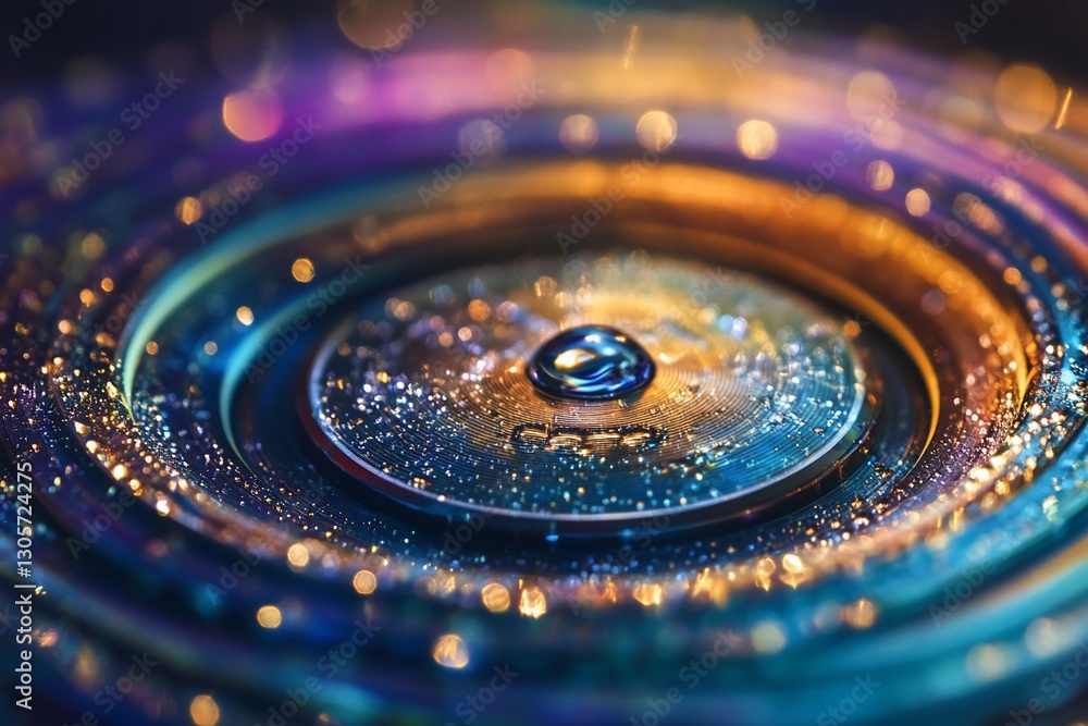Wall mural vibrant macro shot of a water droplet on a dark, circular surface with concentric ripples and bokeh 