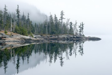 Obraz premium A solitary boat rests on foggy water, shrouded in mystery and tranquility.