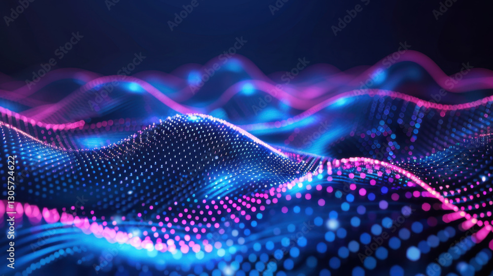 Poster digital waves with glowing dots in blue and pink colors create mesmerizing visual effect, representi