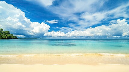 Obraz premium Abstract texture background featuring a beautiful tropical beach under a blue sky with white clouds. This setting is ideal for promoting summer vacation and holiday business travel