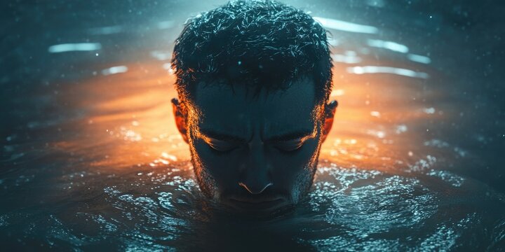 A man's image is reflected underwater, creating a self-portrait in the dark. This artwork conveys depth and thoughtfulness with its dark background.