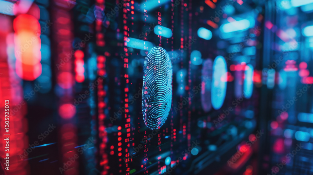 Poster digital fingerprint on futuristic interface with glowing data streams, symbolizing security and tech