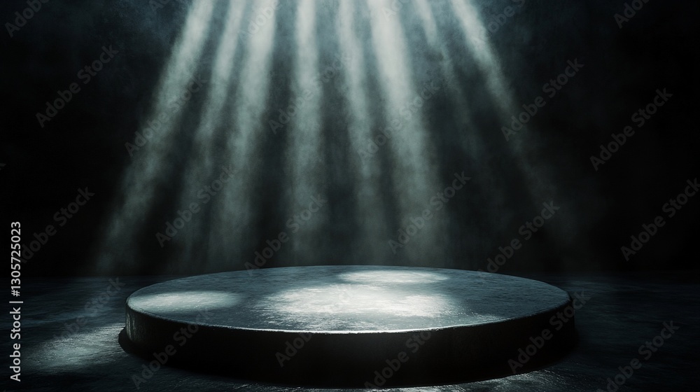 Poster dark studio with spotlight illuminating empty round platform.