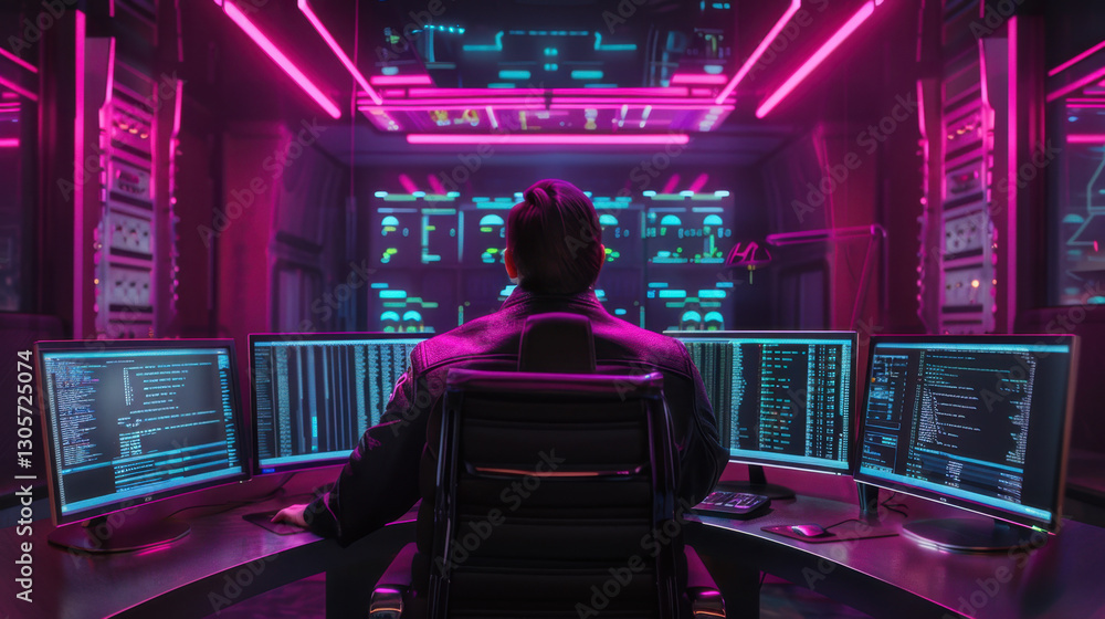 Poster person working at multiple computer screens in futuristic control room, surrounded by neon lights an