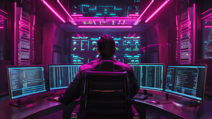person working at multiple computer screens in futuristic control room, surrounded by neon lights and digital data displays, creating high tech atmosphere