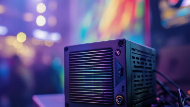 Small form factor computer power supply unit sits on a table at a vibrant, colorful event, likely an entertainment production or gaming setup, with blurred background lights adding to the ambiance