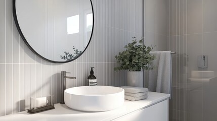 A stylish bathroom showcases a sleek white vanity with black hardware, a large round mirror, and simple decor including branches and towels, creating a peaceful setting