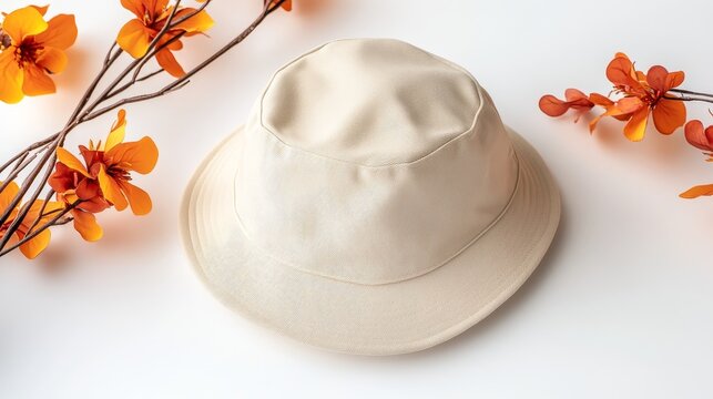 A stylish beige bucket hat placed on a clean surface surrounded by vibrant orange flower
