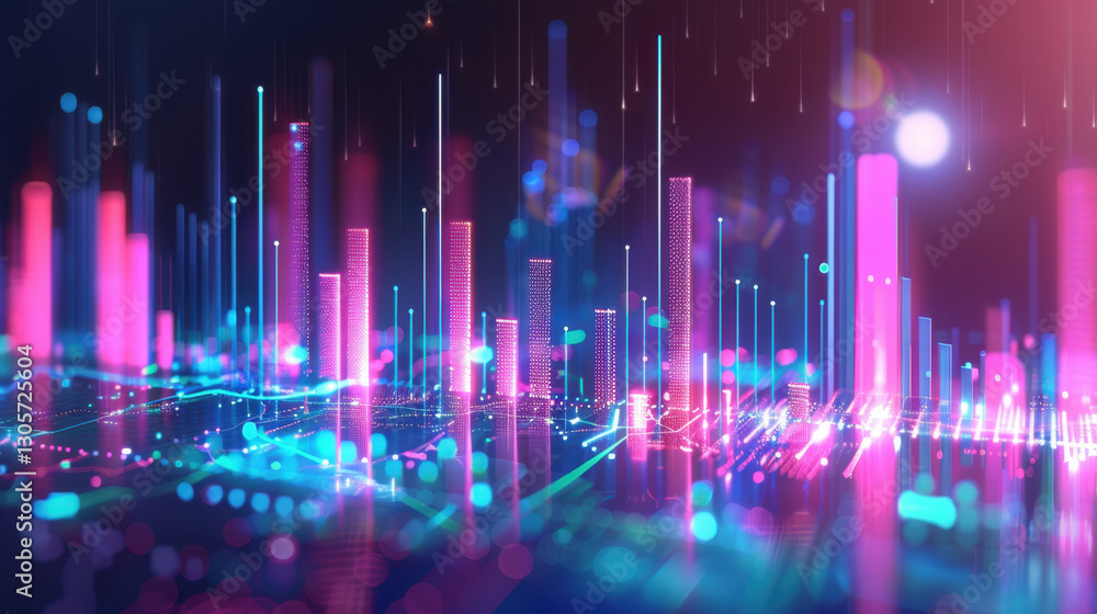 Poster digital abstract visualization with colorful data bars and glowing lines