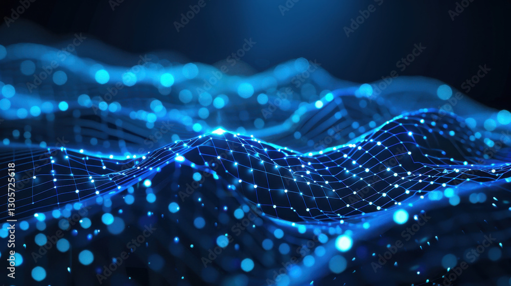 Poster abstract digital waves with glowing blue particles creating dynamic visual effect, representing tech