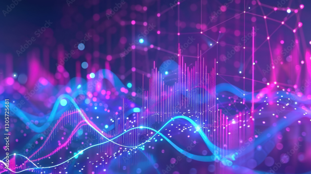 Poster abstract digital background with vibrant pink and blue waves, representing data visualization and te