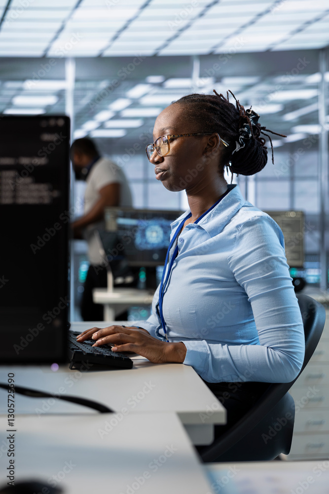 Poster engineer in data center managing and optimizing large scale it infrastructure, using network managem