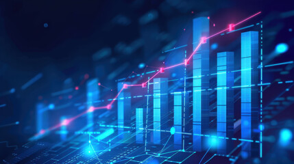 vibrant digital representation of financial data with blue and pink bars, showcasing growth and trends modern, tech inspired design. background features abstract lines and dots, enhancing