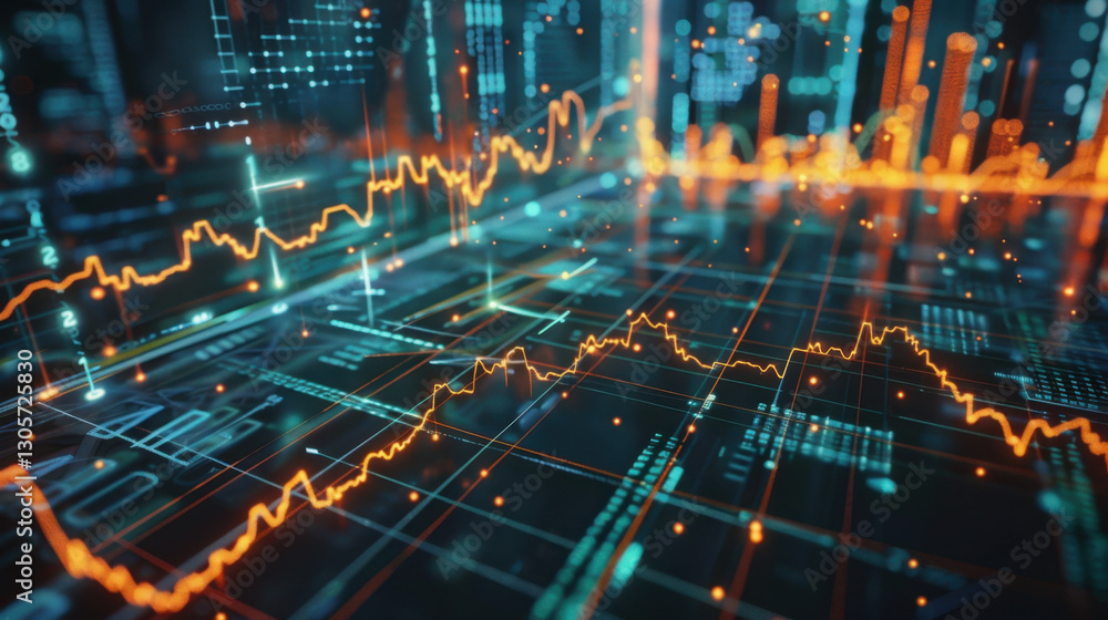 Poster abstract digital data visualization with glowing graphs and charts, representing financial trends an