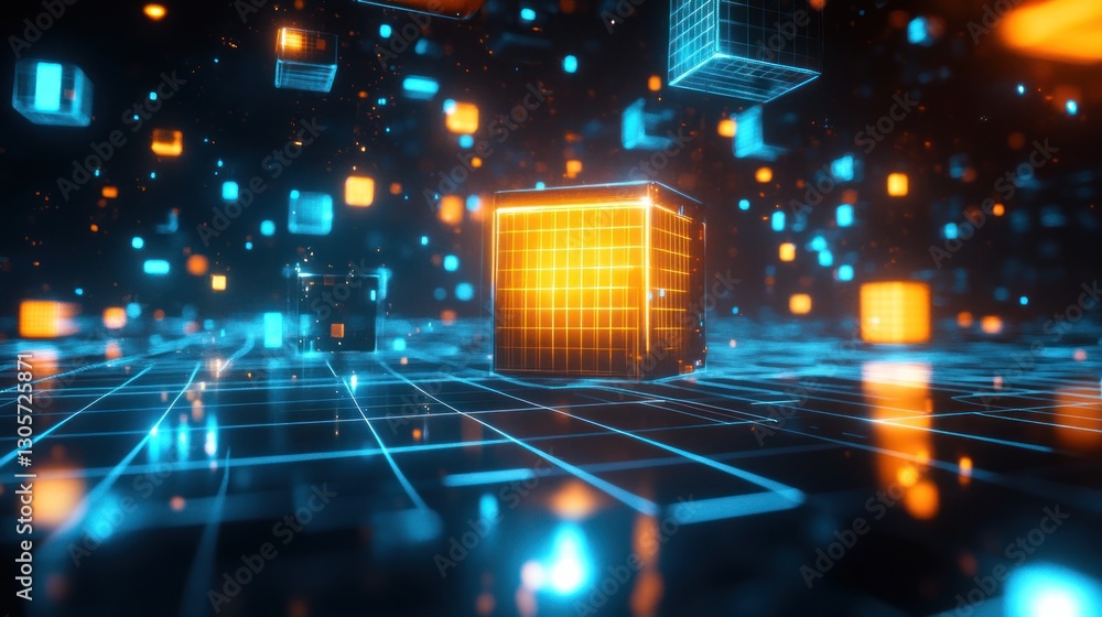 Poster neon gridscape, floating cubes in a digital dimension