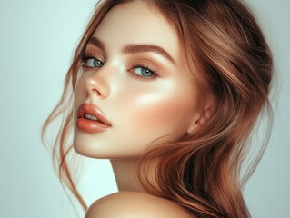 Naklejka premium Stylized photograph of a woman with highlighted cheeks, full lips and contoured face; featuring brown hair and fashionable makeup.