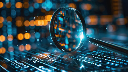 Magnifying glass over digital data, highlighting information and technology. image conveys sense of investigation and analysis in modern, tech driven environment