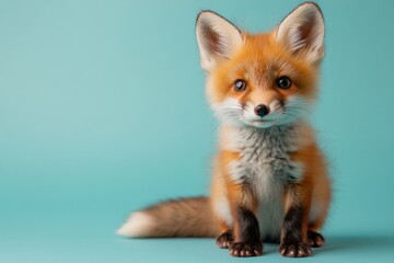 Cute red fox sitting calmly against a bright turquoise background with an adorable expression and fluffy fur