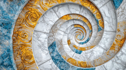 Abstract spiral pattern with marble, gold, and blue textures, creating a mesmerizing illusion of depth and movement