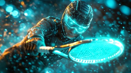 Futuristic Tennis Player with Glowing Gear and Racket in Intense Action. Generative AI
