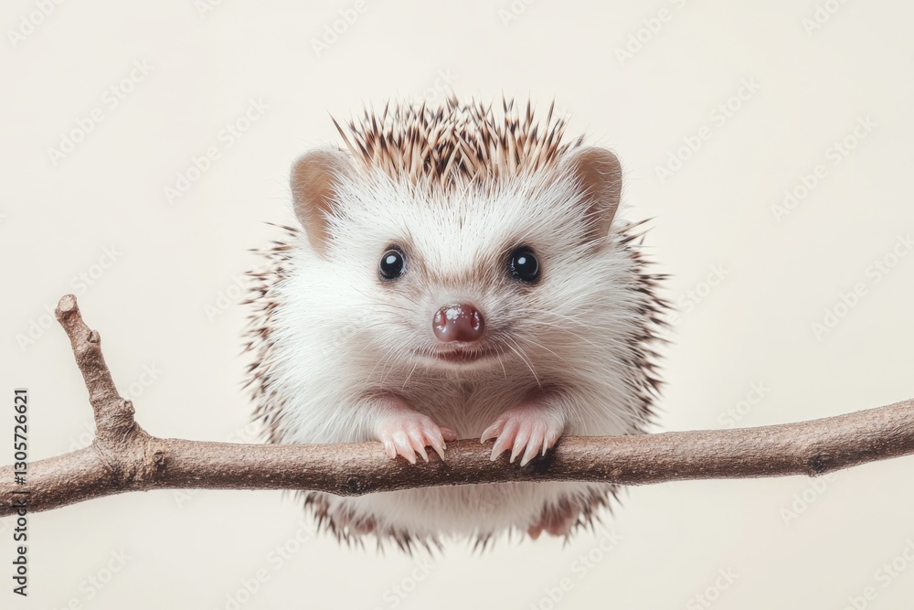 Aufkleber cute hedgehog perched on a branch with a neutral background displaying curious expression and soft f