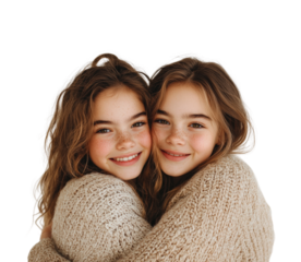Joyful twin sisters embracing portrait neutral happiness isolated on transparent background