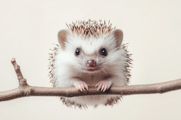 Cute hedgehog perched on a branch with a neutral background displaying curious expression and soft fur