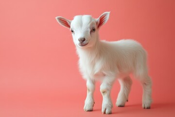 Fototapeta premium Cute baby goat stands on a pink background, showcasing its playful demeanor and fluffy white coat