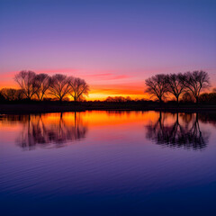 Obraz premium Tranquil Sunset Over Calm Lake Reflecting Vibrant Sky