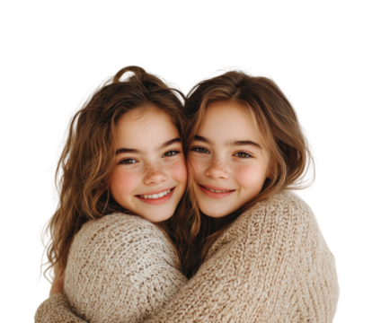 Joyful twin sisters embracing portrait neutral happiness isolated on transparent background