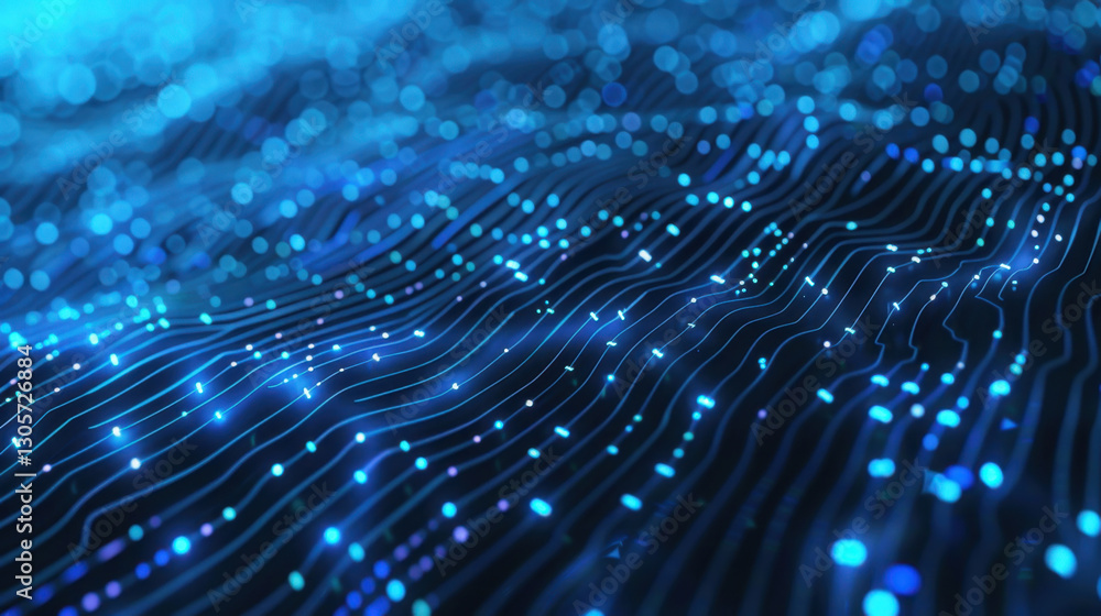 Poster digital abstract background with glowing blue lines and particles, creating sense of depth and movem