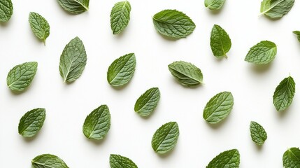 Refreshing spearmint leaf pattern on a clean white backdrop creates serenity