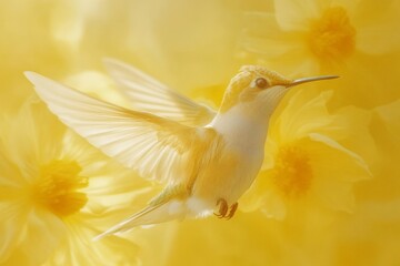 Obraz premium Colorful hummingbird in flight near yellow flowers during a sunny day