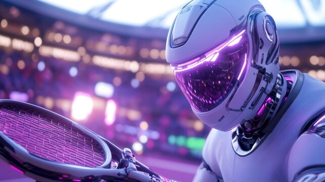 Futuristic Robot Tennis Player Competing in a Neon-Lit Stadium. Generative AI - Powered by Adobe