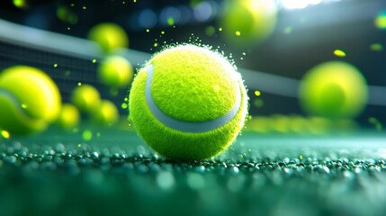 Tennis Ball on Court Surrounded by Glowing Particles. Generative AI