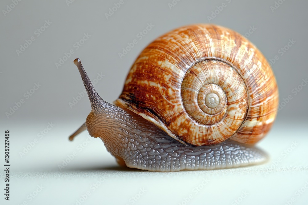 Poster snail with intricate shell patterns slowly moves on a smooth surface in a bright indoor setting