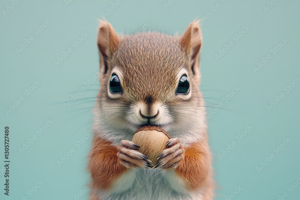Aufkleber curious squirrel holds acorn in paws while looking at the camera with playful expression in a soft c