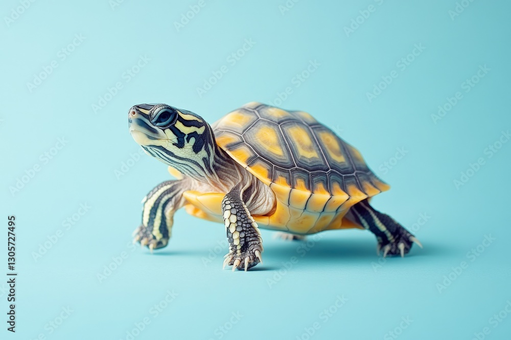 Poster colorful turtle walking on a vibrant blue background showcasing its distinct shell patterns and text