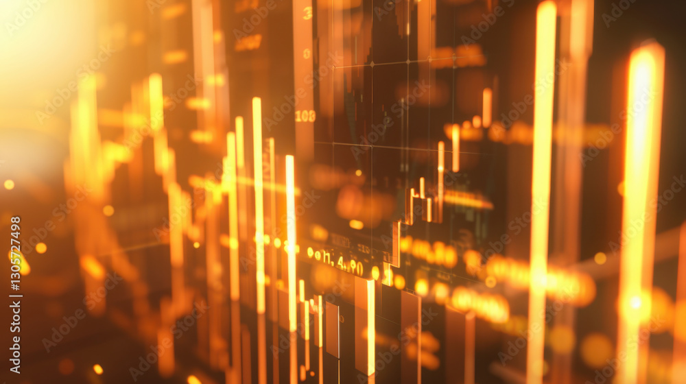 Poster abstract financial data visualization with glowing orange bars and lines, representing stock market 