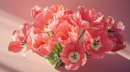 Elegant Bouquet of Salmon Pink Tulips on a Soft Pink Background
