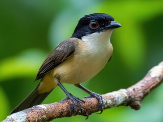 Naklejka premium A yellow-bellied flicker bird with red eyes, sitting on a twig branch.