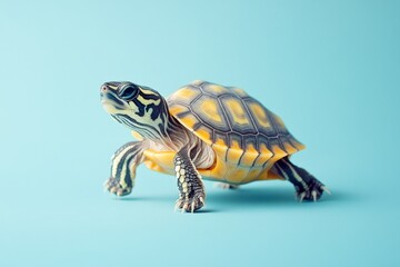 Obraz premium Colorful turtle walking on a vibrant blue background showcasing its distinct shell patterns and textures