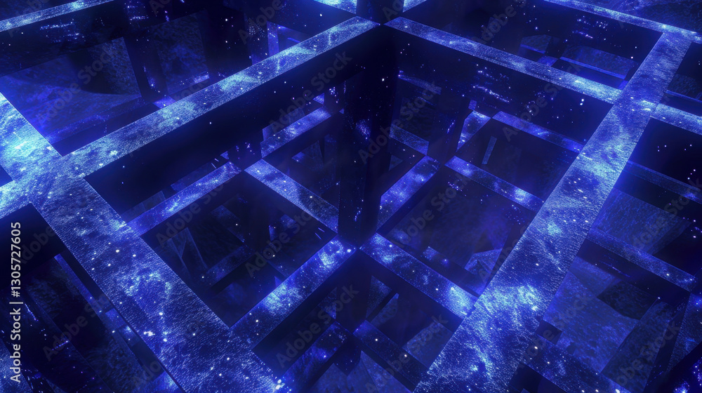 Poster mesmerizing abstract digital landscape featuring intricate blue geometric patterns and glowing eleme
