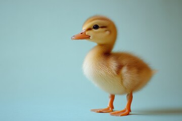 Fototapeta premium Young duckling stands on a smooth surface with a soft blue background and looks curiously at its surroundings