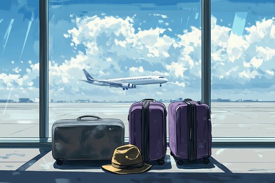 Luggage sits by an airport window as a plane lands on a sunny day.