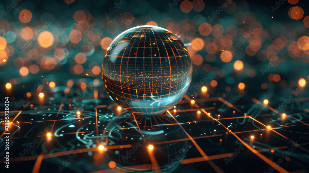 Poster 3d globe with glowing grid lines and abstract digital background, representing technology and connec